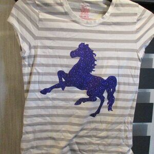 Girls Tee Gray & White striped Purple Glitter Horse NEW Faded Glory 10-12